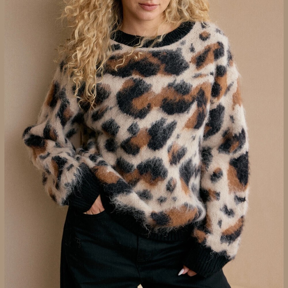 Cream Leopard Print Fuzzy Knit Contrast Trim Oversized Sweater